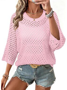 Women's Pink Sweater Crew Neck Length Sleeve Crochet Top Knit Beach Cover Ups